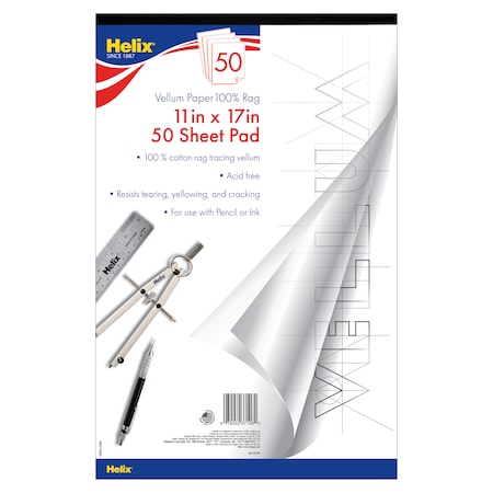Helix Vellum Paper Pad, 100% Rag, 11in x 17in, 50 Sheets 37106